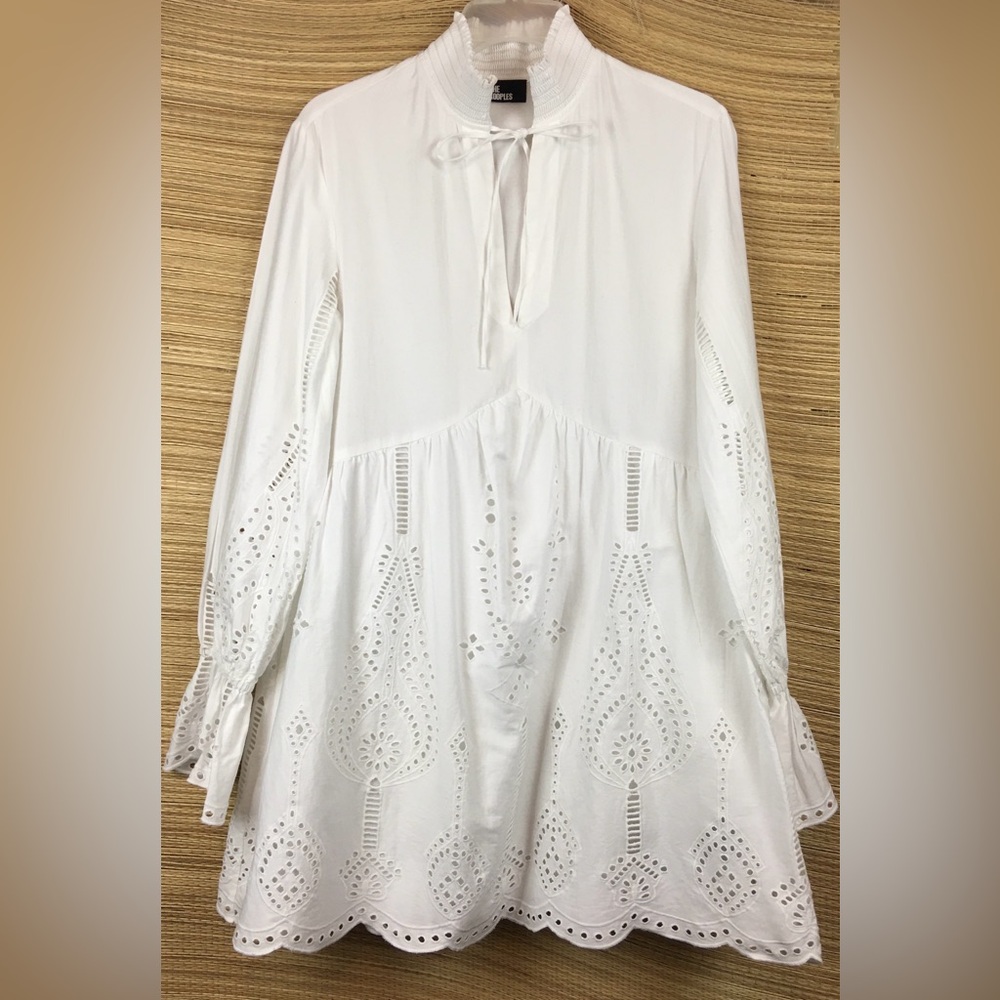 The Kooples Paris White Mini Dress With Broderie Anglaise Long Sleeve Size 2 - Picture 4 of 12